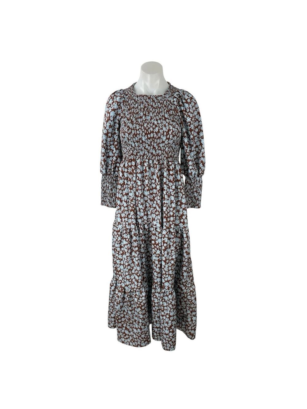 Zoya Brown Floral Shirred Long Balloon Sleeve Smocked Tiered A Line Maxi Dress 2